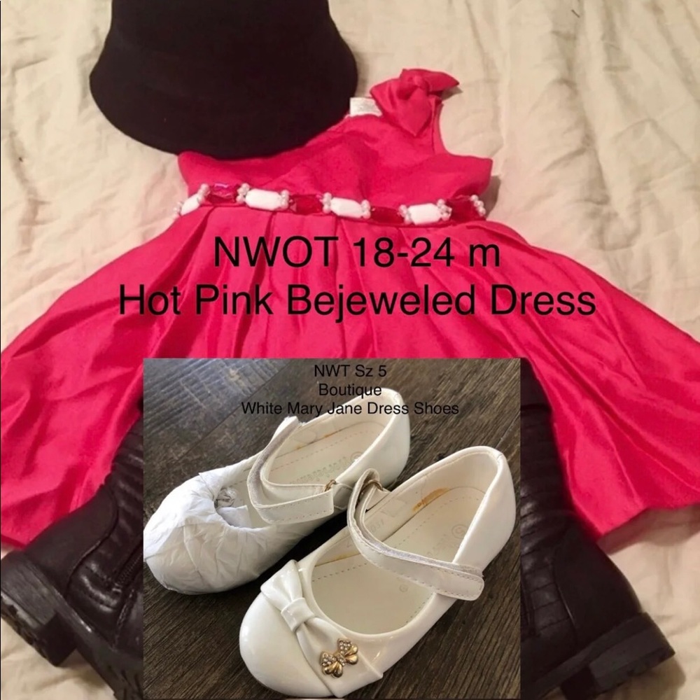 NWOT 18 m Boutique Hot Pink Dress & NWOT Sz 5 White Shoes